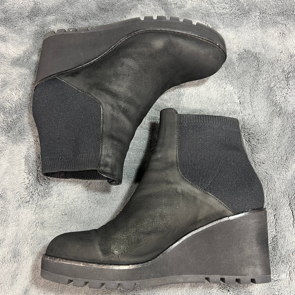 Eileen Fisher Black Leather Wedge Ankle Boots Stretch Knit Lug Sole 8.5 - Picture 6 of 12